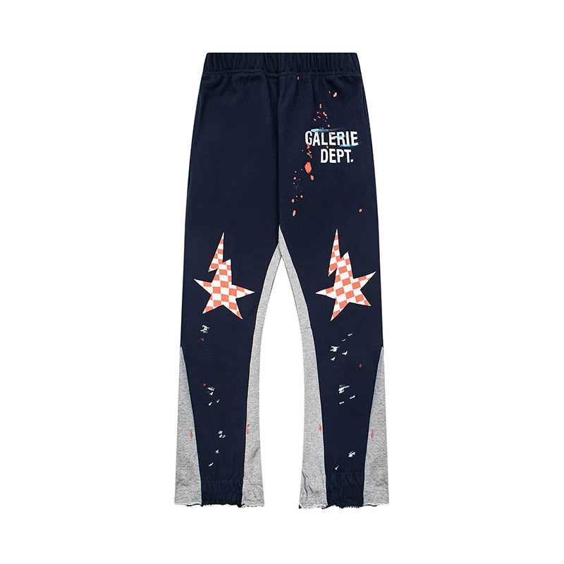 Gallery Dept. "GALERIE DEPT." Checkered Star Graphic Paint Splatter Contrast Panel Sweatpants - Navy & Grey