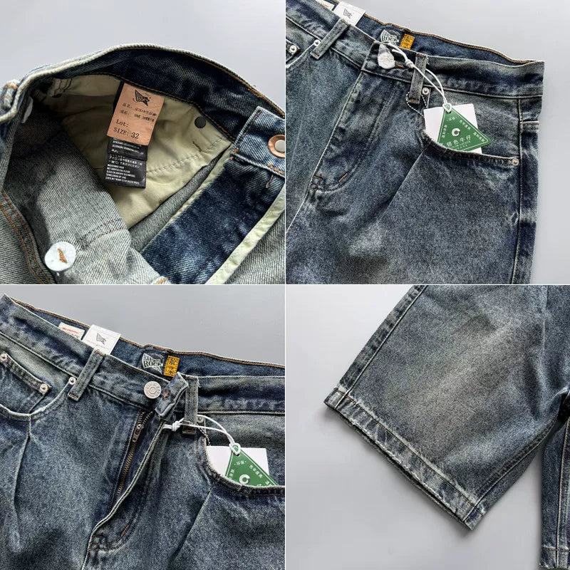 Vintage American retro denim shorts for men, washed and worn, loose straight leg casual cropped pants for summer wear