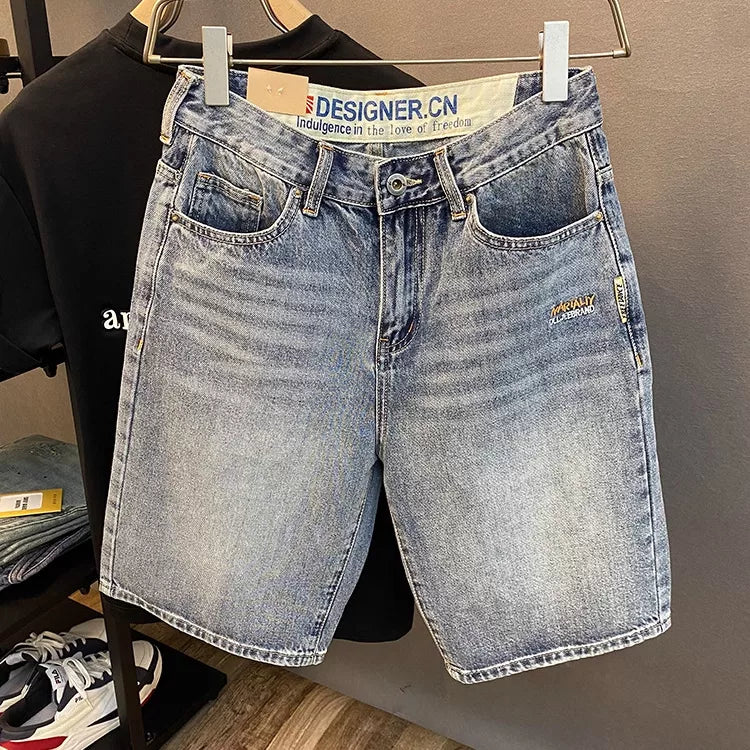Summer casual shorts men's plus size light colored cotton five quarter jeans trendy embroidery high-end men's straight leg shorts