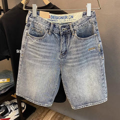 Summer casual shorts men's plus size light colored cotton five quarter jeans trendy embroidery high-end men's straight leg shorts