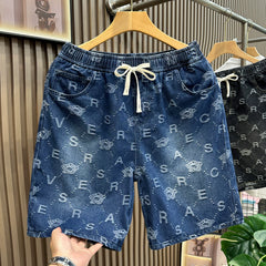High end luxury jacquard denim shorts for men's summer drawstring loose five quarter pants for men's casual trendy pants 2026 new style