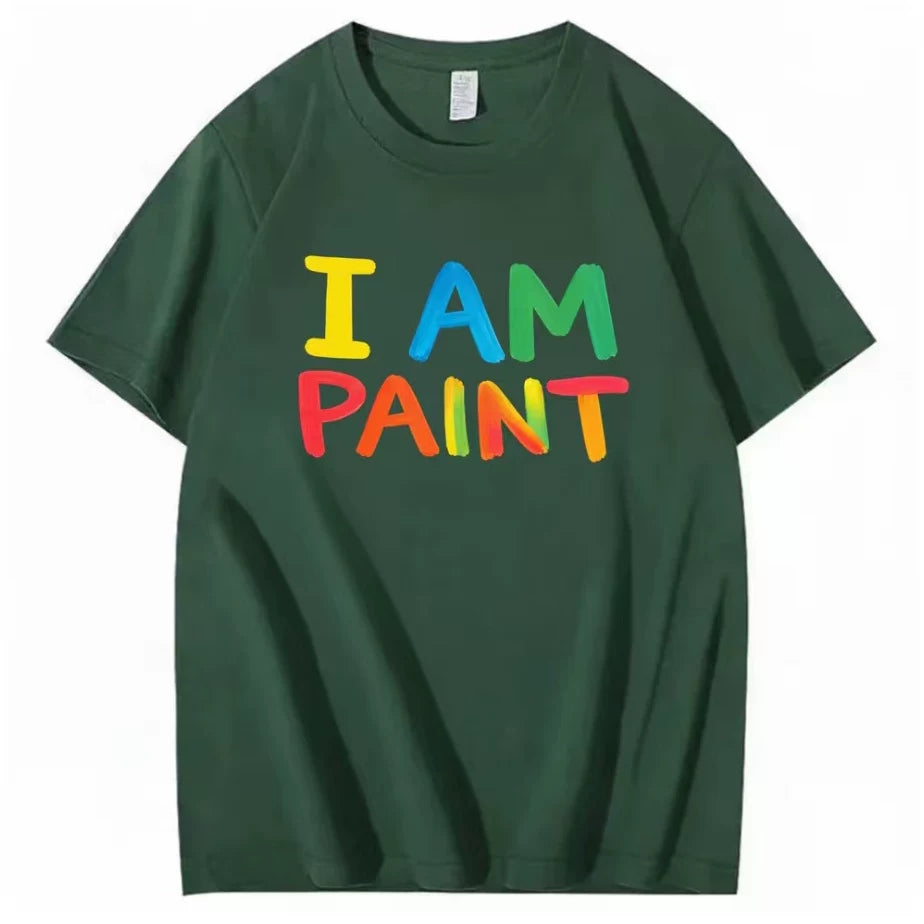 I AM PAINT Rainbow Color Letter Short Sleeve Men's and Women's Niche Graffiti Brush Printed Black Loose T-shirt