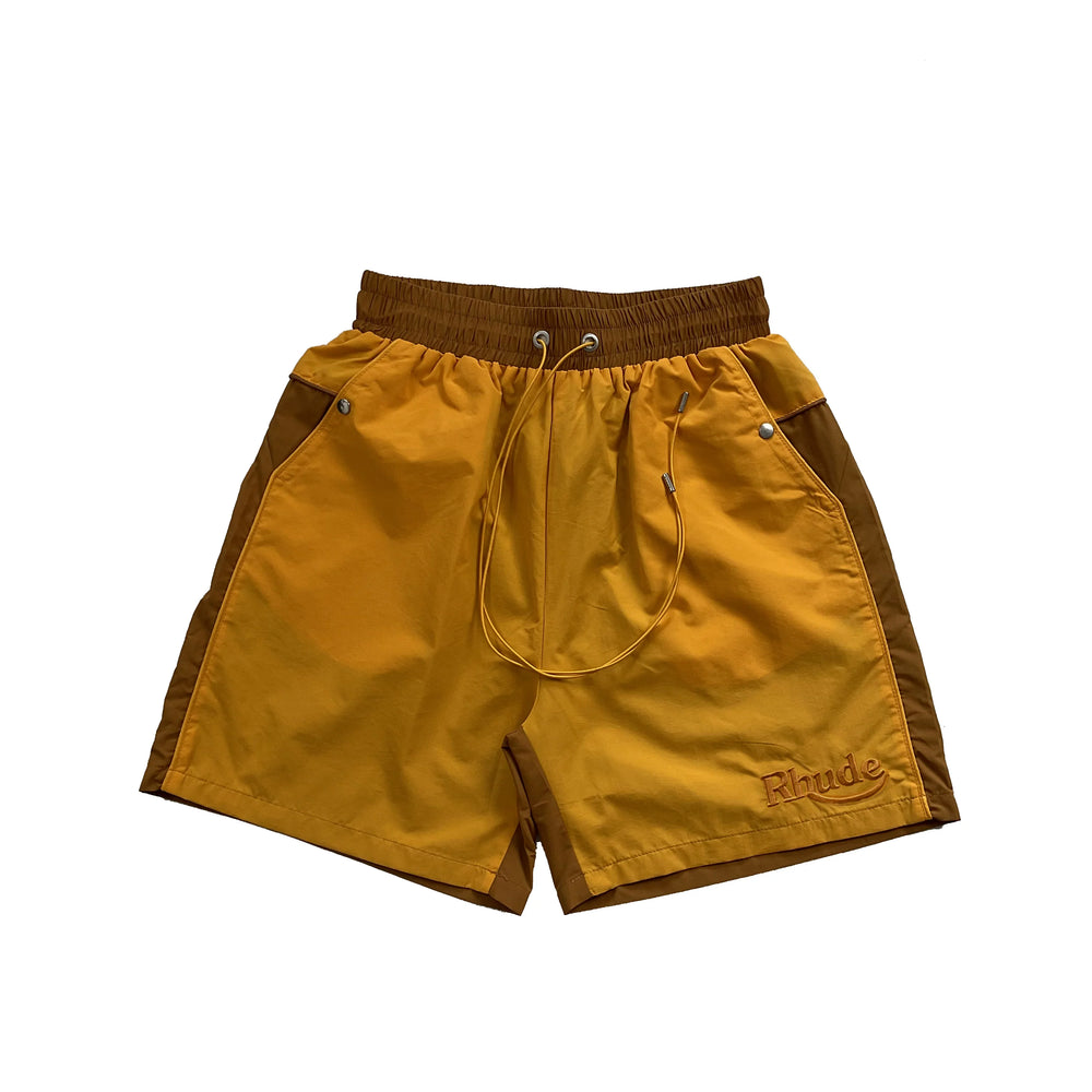 RHUDE Contrast Panel Athletic Shorts - Mustard / Brown