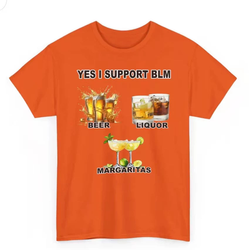 American Fun YES I Support BLM Wine Pattern Printed Loose Short sleeved T-shirt for Men and Women