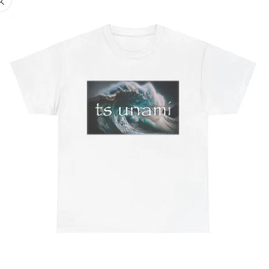 Tsunami black and white tsunami wave landscape print short sleeved T-shirt American 2026 style loose fitting men's and women's top