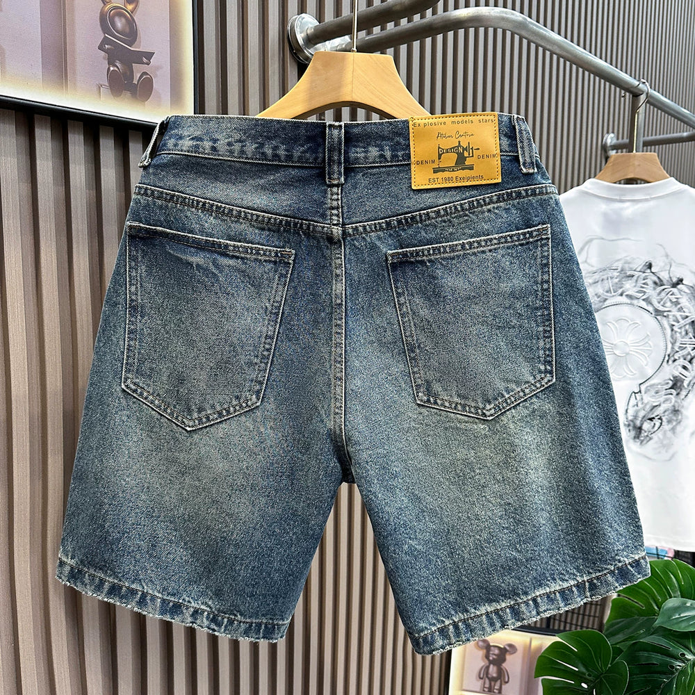 Cowboy shorts men's summer heavyweight American retro washed distressed casual five quarter straight leg loose and versatile mid length pants