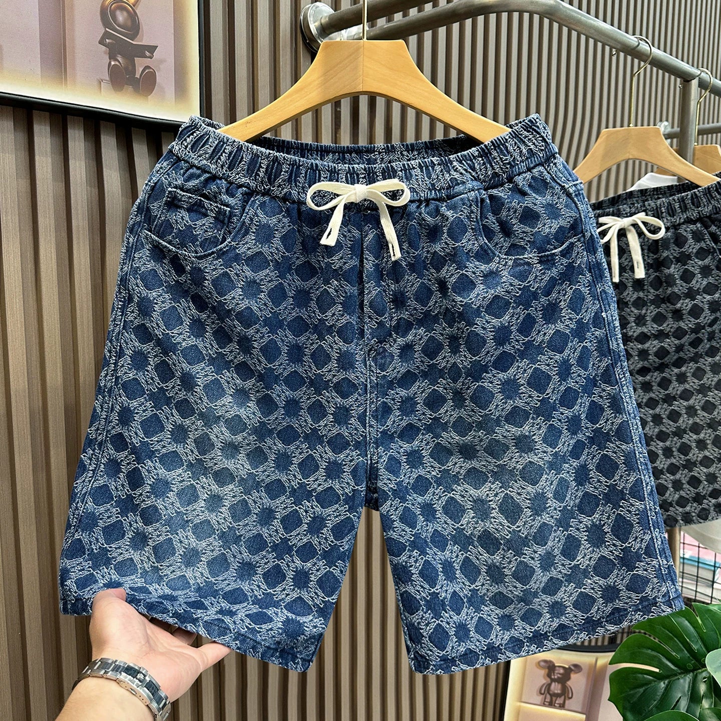 Blue denim shorts for men in summer, thin fit, loose fit, American style, versatile for teenagers, washed, sporty, cropped shorts, trendy
