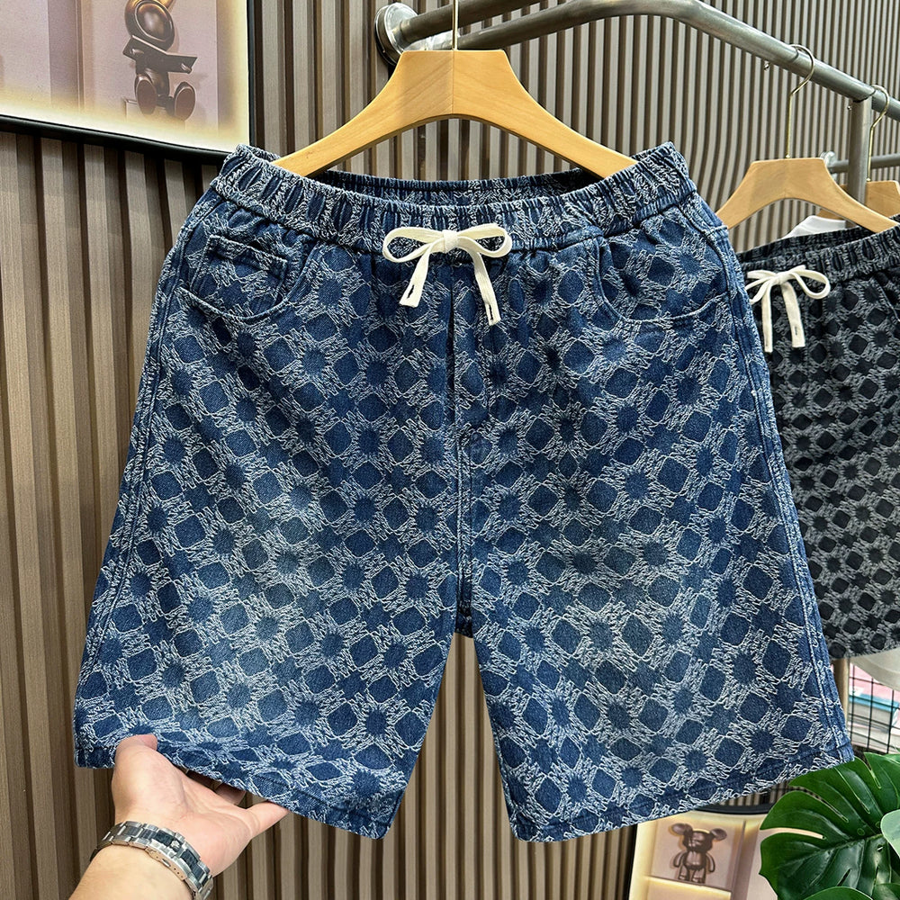 Blue denim shorts for men in summer, thin fit, loose fit, American style, versatile for teenagers, washed, sporty, cropped shorts, trendy