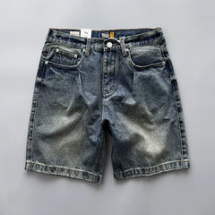 Vintage American retro denim shorts for men, washed and worn, loose straight leg casual cropped pants for summer wear