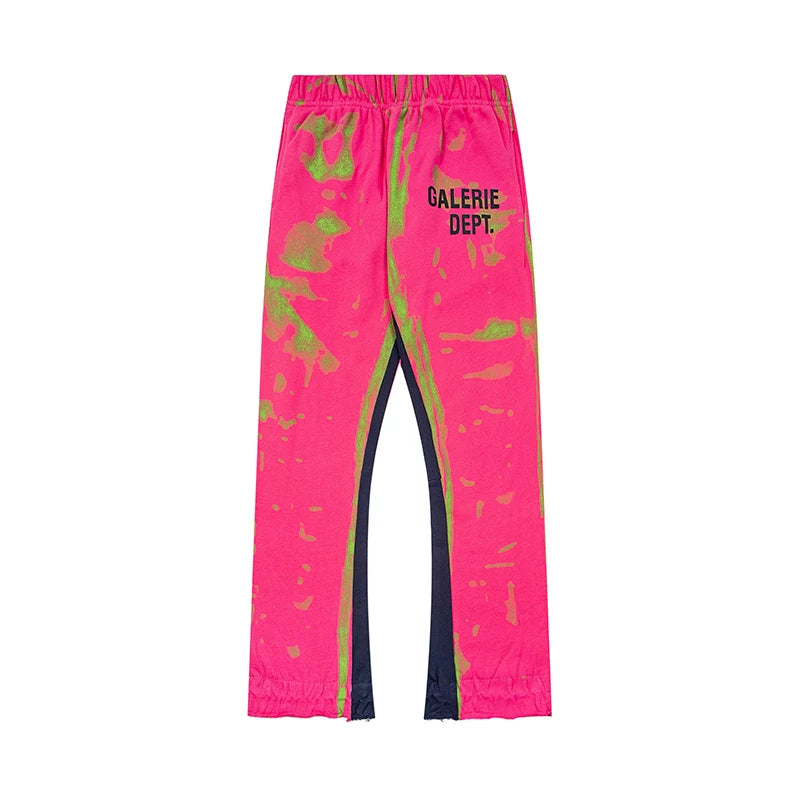 Gallery Dept. "GALERIE DEPT." Lime Green Tie-Dye Wash Contrast Panel Sweatpants - Hot Pink
