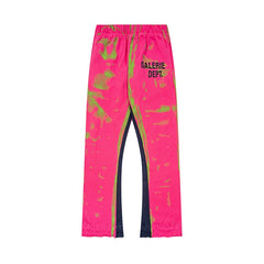 Gallery Dept. "GALERIE DEPT." Lime Green Tie-Dye Wash Contrast Panel Sweatpants - Hot Pink