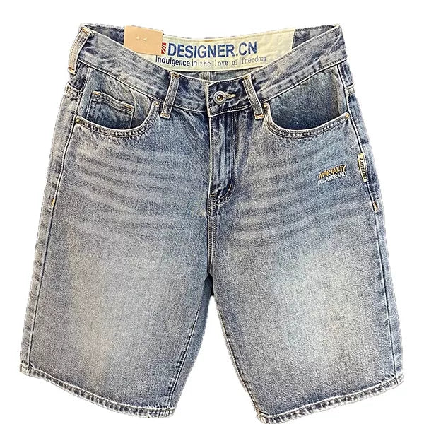 Summer casual shorts men's plus size light colored cotton five quarter jeans trendy embroidery high-end men's straight leg shorts