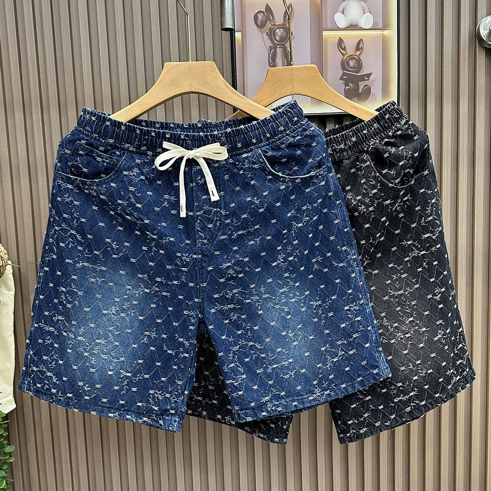 2026 summer new American denim shorts for men, loose and casual five quarter pants with drawstring and elastic waist, trendy brand versatile