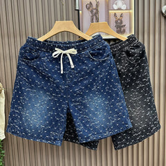 2026 summer new American denim shorts for men, loose and casual five quarter pants with drawstring and elastic waist, trendy brand versatile