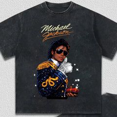 复古美式 Michael Jackson 卡通人像 T 恤水洗做旧2026休闲情侣款