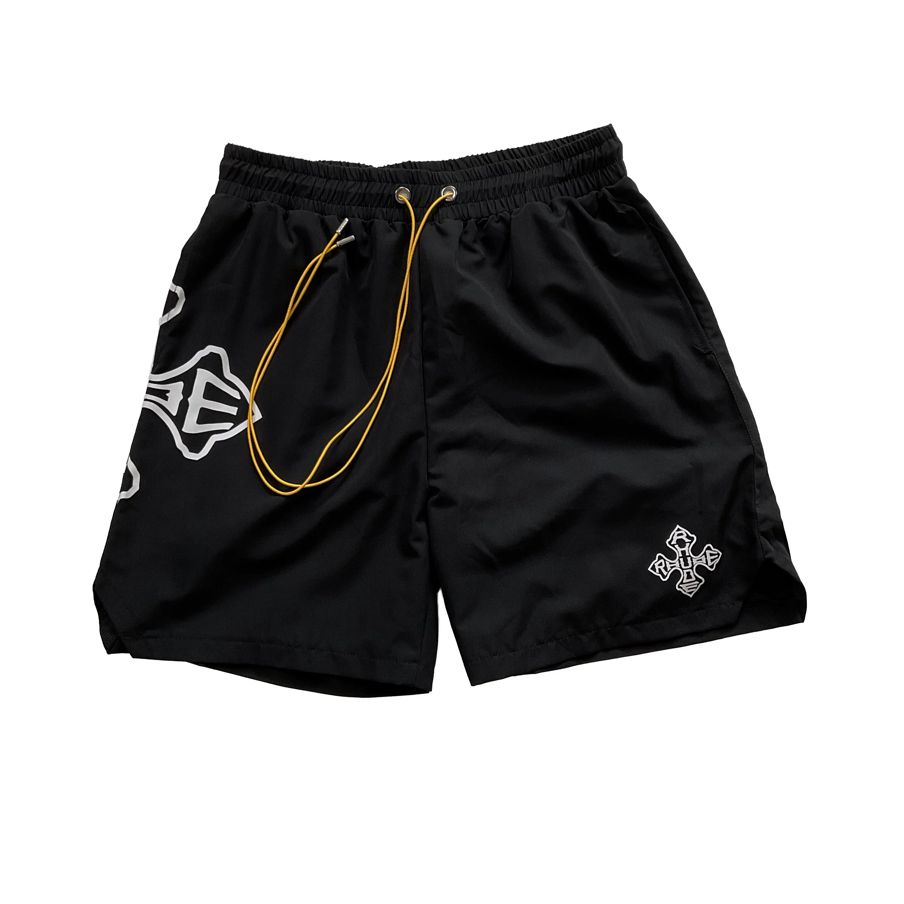 RHUDE Cross Logo Graphic Drawstring Athletic Shorts - Black