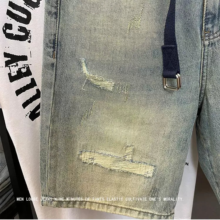 Design sense worn out embroidered denim shorts for men in the summer of 2026, new American fashion brand five quarter pants versatile horse pants