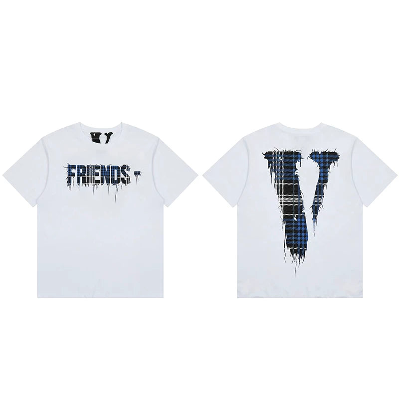 Vlone Plaid Drip Graphic T-Shirt - White/Blue
