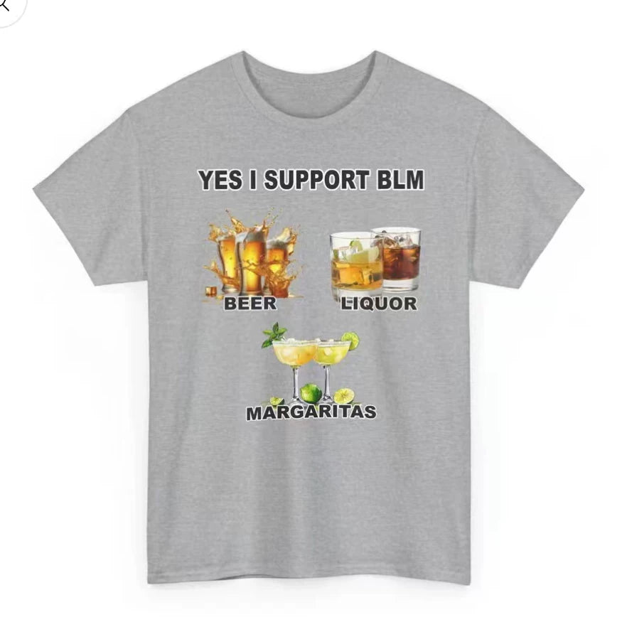 American Fun YES I Support BLM Wine Pattern Printed Loose Short sleeved T-shirt for Men and Women