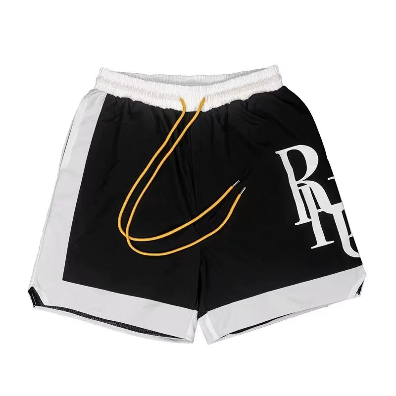 RHUDE Side-Panel Logo Drawstring Athletic Shorts - Black / White