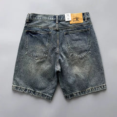 Vintage American retro denim shorts for men, washed and worn, loose straight leg casual cropped pants for summer wear
