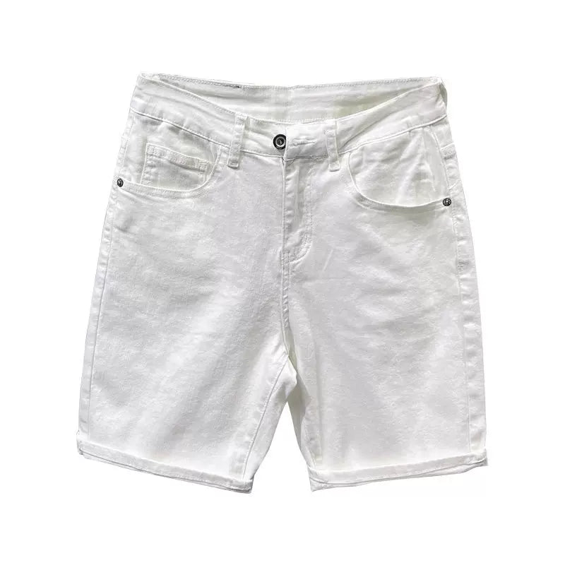 Fashionable high-end white denim shorts, men's trendy brand, cool and simple, solid color slim fit pants, men's summer five quarter pants