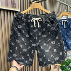 High end luxury jacquard denim shorts for men's summer drawstring loose five quarter pants for men's casual trendy pants 2026 new style