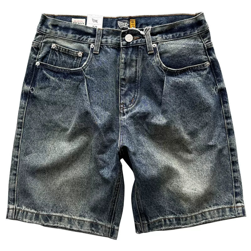 Vintage American retro denim shorts for men, washed and worn, loose straight leg casual cropped pants for summer wear