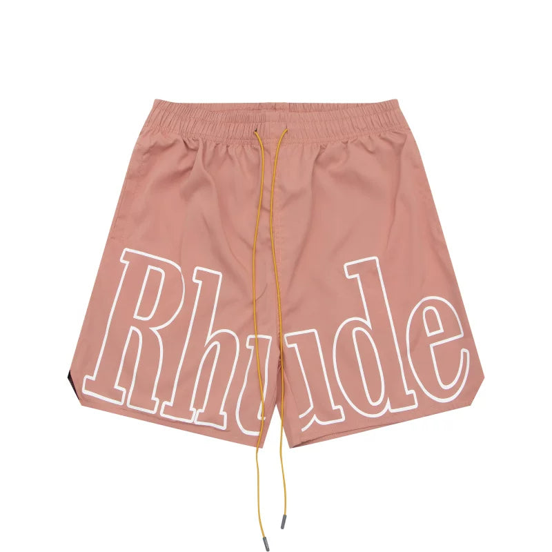 RHUDE Signature Script Logo Athletic Shorts - Dusty Rose / White