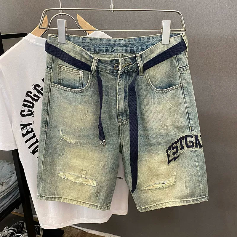 Design sense worn out embroidered denim shorts for men in the summer of 2026, new American fashion brand five quarter pants versatile horse pants