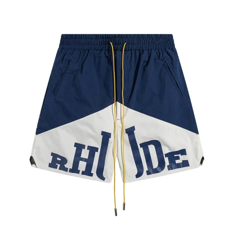 RHUDE Colorblock Athletic Shorts with Split Script Logo - Navy / White