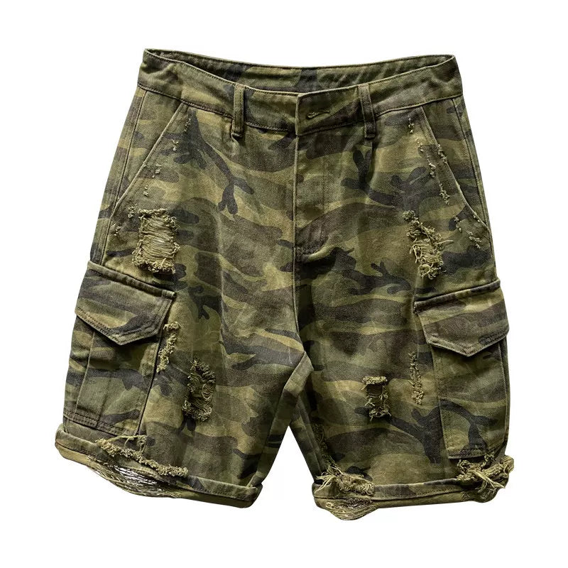 Summer loose fit casual men's shorts, trendy brand with multiple pockets, holes, scratches, design sense, camouflage workwear, cropped pants