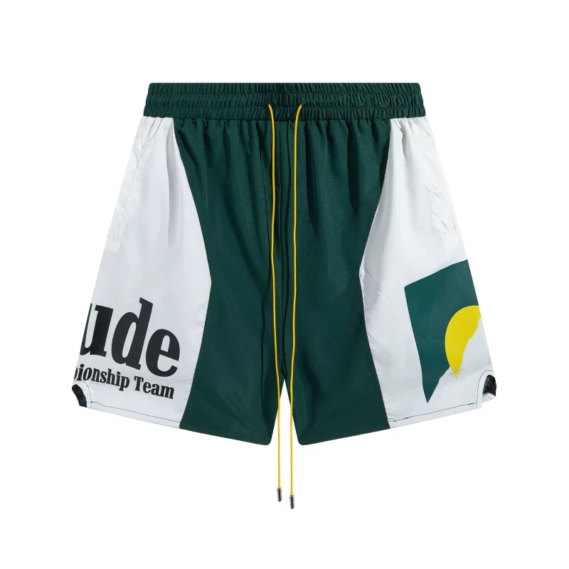 RHUDE Championship Team Graphic Colorblock Drawstring Shorts - Green / White
