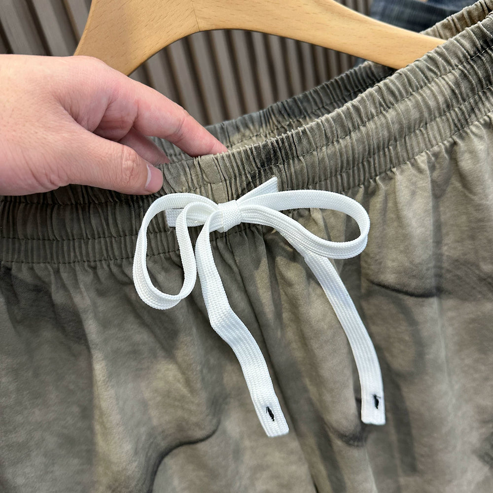 Grey blue tie dye high luxury cotton shorts for men in summer, heavy-duty mixed color tie dye quarter length pants, breathable sports pants