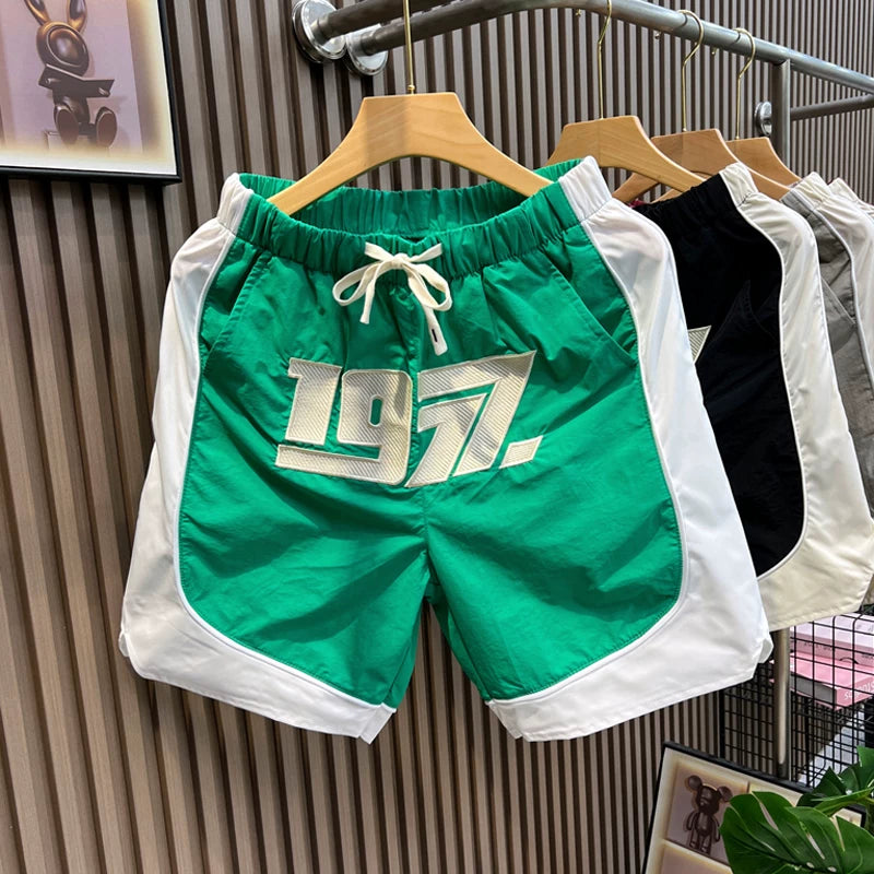 Summer Ice Silk Thin Splicing Casual Loose Shorts Men's Korean Style Trendy Versatile Pentagram Pants Youth Beach Pants
