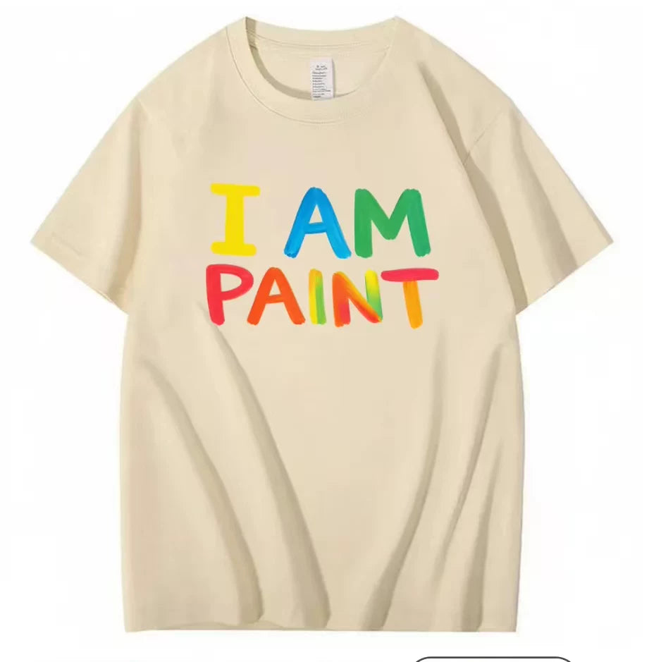 I AM PAINT Rainbow Color Letter Short Sleeve Men's and Women's Niche Graffiti Brush Printed Black Loose T-shirt