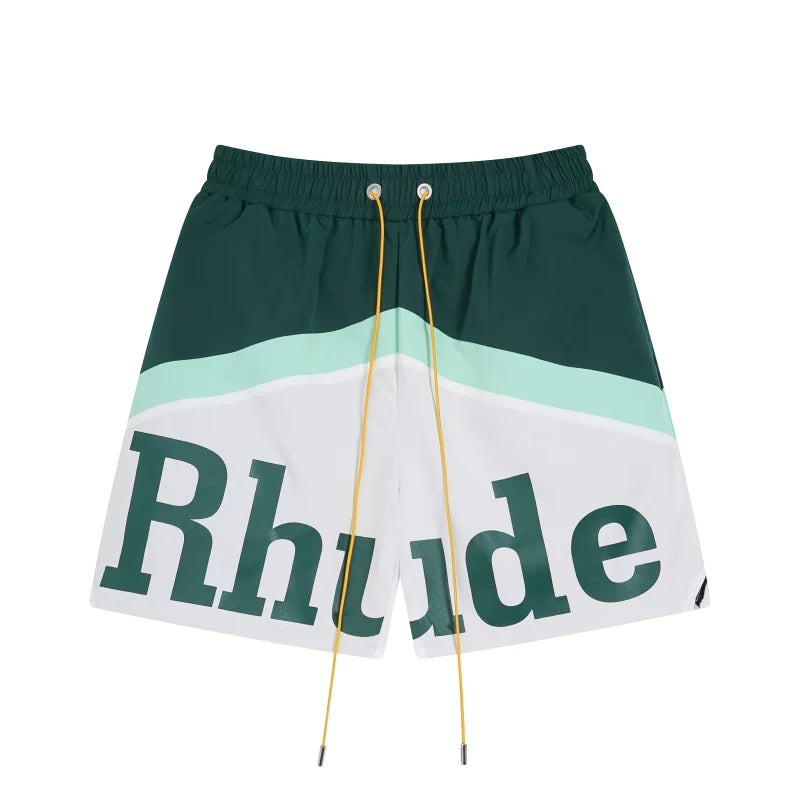 RHUDE Colorblock Script Logo Drawstring Athletic Shorts - Dark Green / White