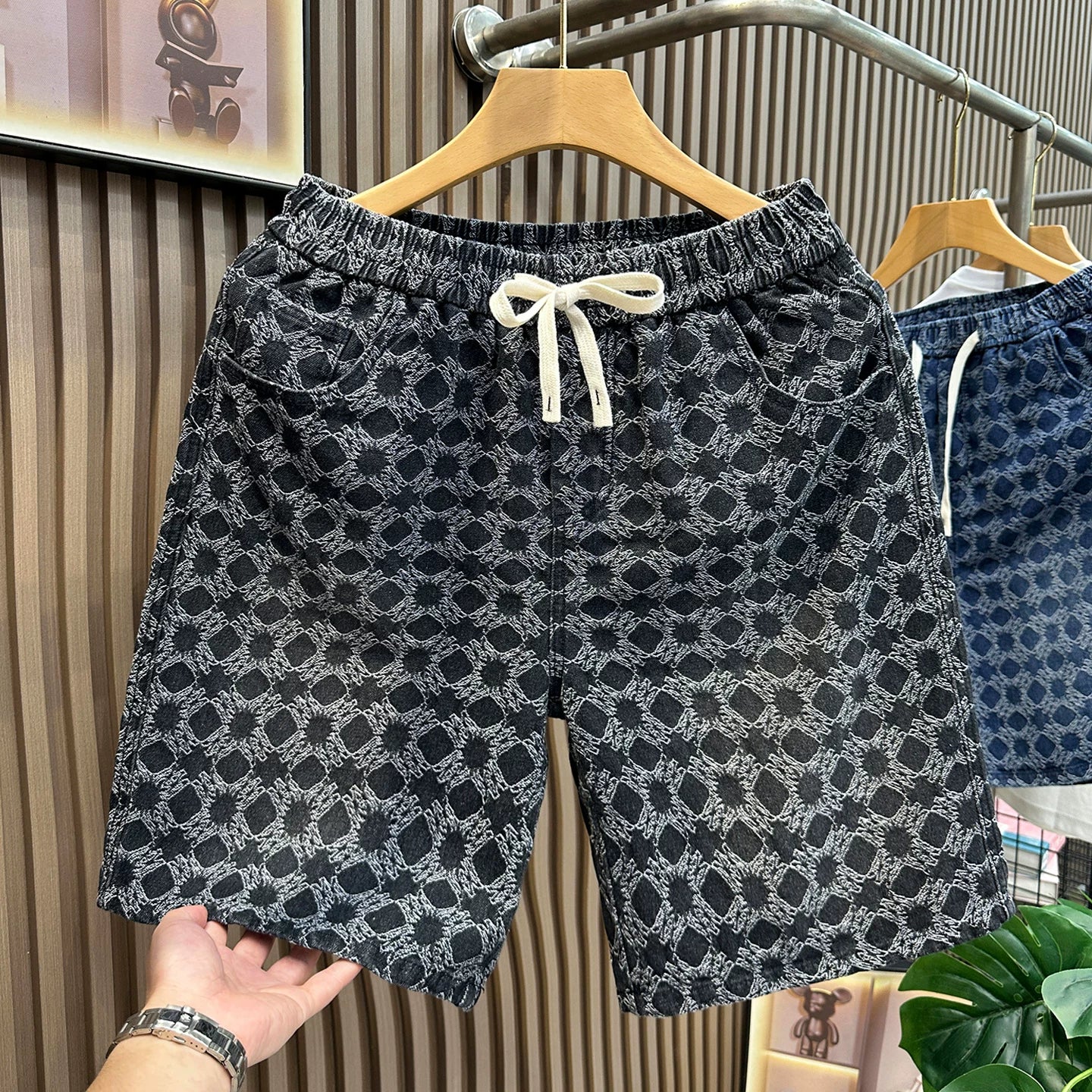 Blue denim shorts for men in summer, thin fit, loose fit, American style, versatile for teenagers, washed, sporty, cropped shorts, trendy