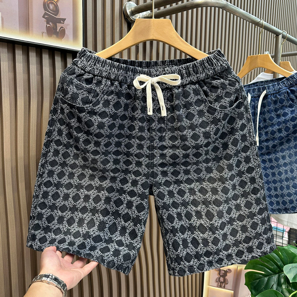 Blue denim shorts for men in summer, thin fit, loose fit, American style, versatile for teenagers, washed, sporty, cropped shorts, trendy