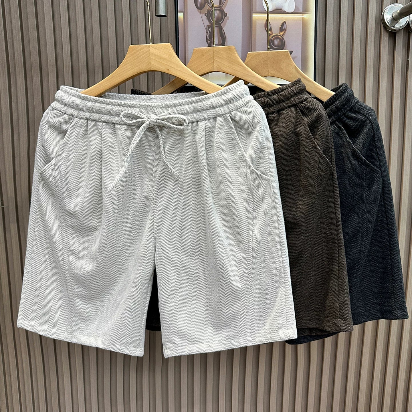 Old money style herringbone diagonal cut shorts for men's summer cleanfit trendy brand retro straight leg shorts for men's five quarter pants