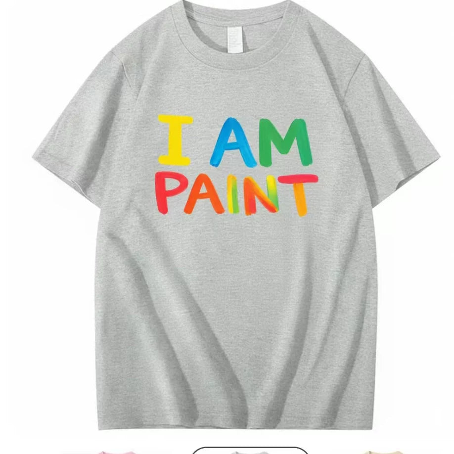 I AM PAINT Rainbow Color Letter Short Sleeve Men's and Women's Niche Graffiti Brush Printed Black Loose T-shirt