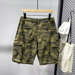 Summer loose fit casual men's shorts, trendy brand with multiple pockets, holes, scratches, design sense, camouflage workwear, cropped pants