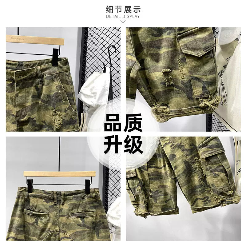 Summer loose fit casual men's shorts, trendy brand with multiple pockets, holes, scratches, design sense, camouflage workwear, cropped pants