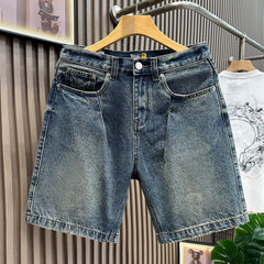 Cowboy shorts men's summer heavyweight American retro washed distressed casual five quarter straight leg loose and versatile mid length pants