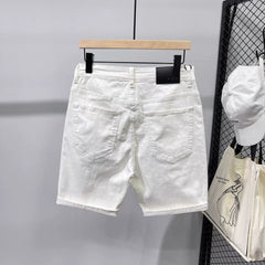 Fashionable high-end white denim shorts, men's trendy brand, cool and simple, solid color slim fit pants, men's summer five quarter pants