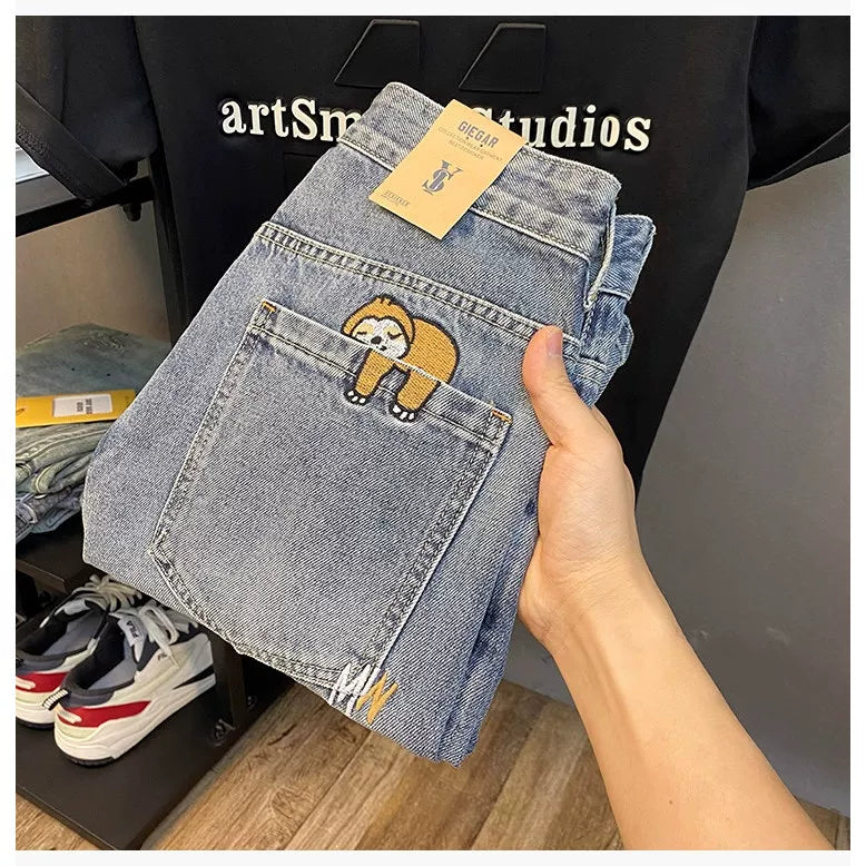 Summer casual shorts men's plus size light colored cotton five quarter jeans trendy embroidery high-end men's straight leg shorts