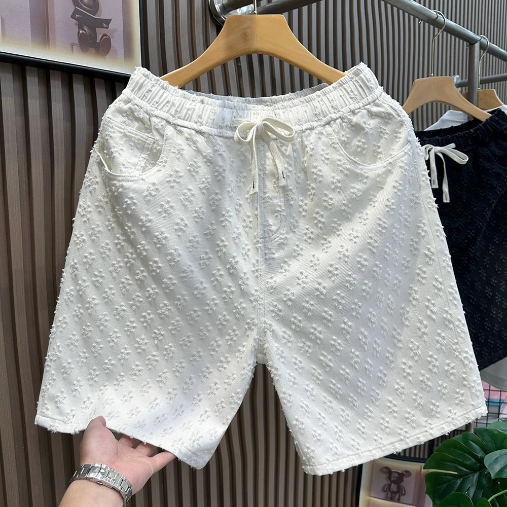 Design sense jacquard white cool denim shorts men's trendy brand loose five quarter pants 2025 summer new big shorts