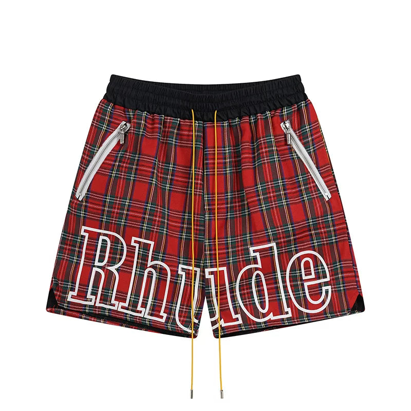 RHUDE Tartan Plaid Outline Script Logo Drawstring Athletic Shorts - Red