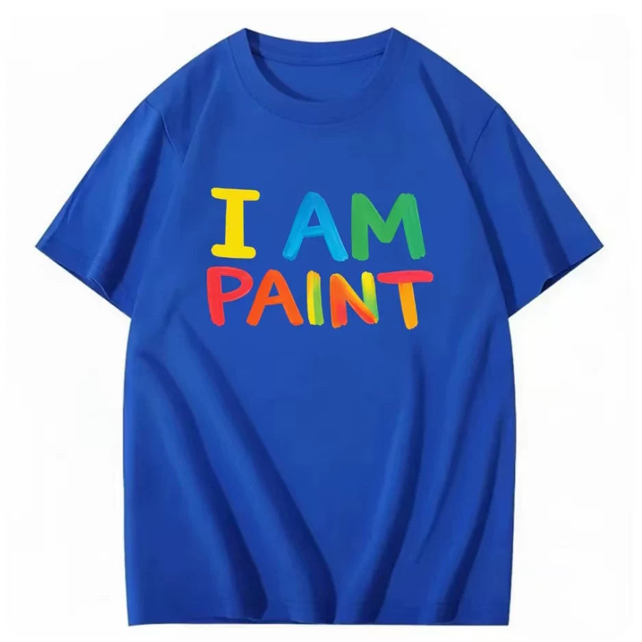 I AM PAINT Rainbow Color Letter Short Sleeve Men's and Women's Niche Graffiti Brush Printed Black Loose T-shirt