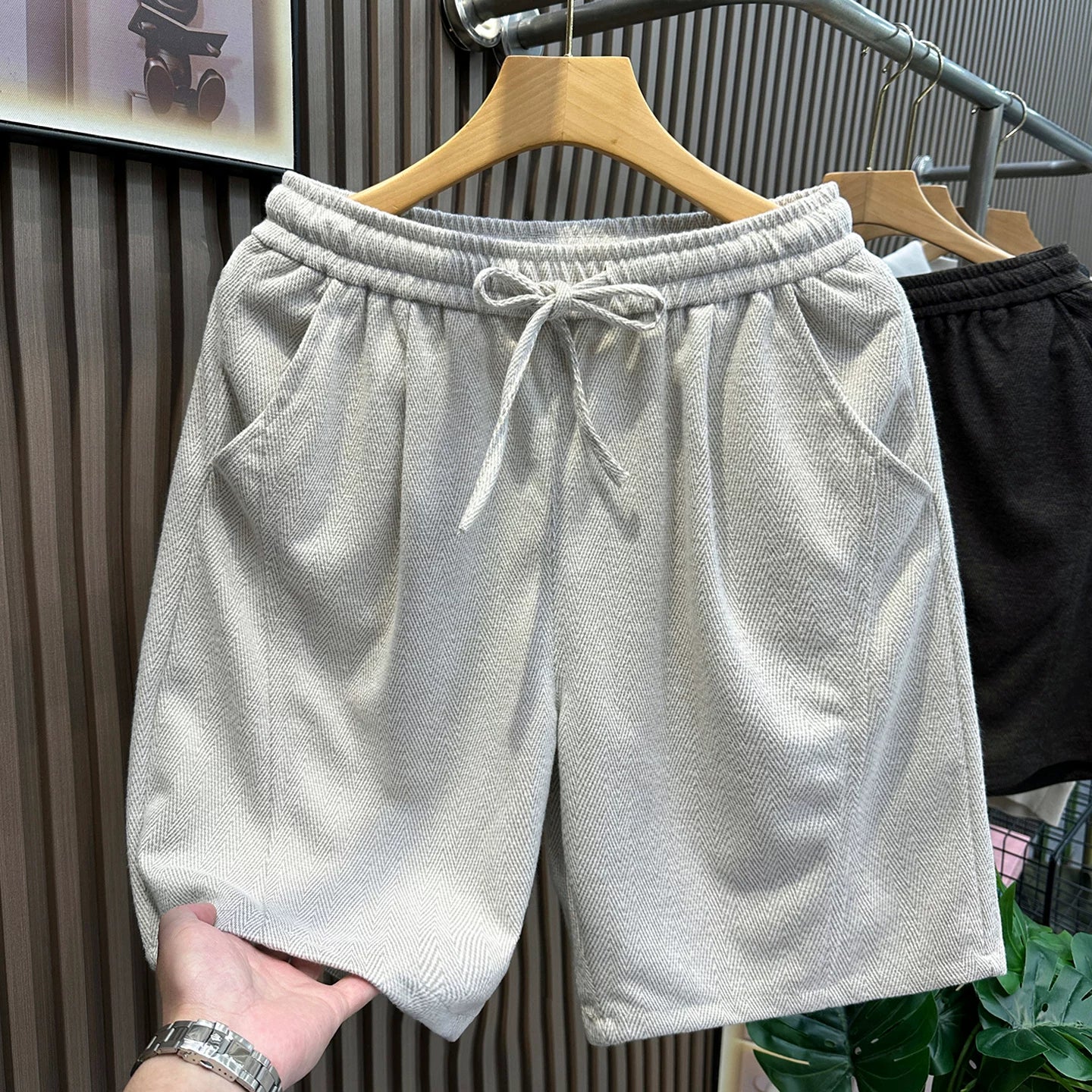 Old money style herringbone diagonal cut shorts for men's summer cleanfit trendy brand retro straight leg shorts for men's five quarter pants